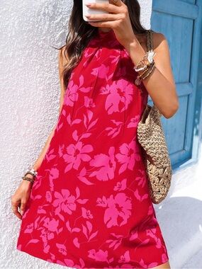 Floerns -Women's Sleeveless Floral Sundress Halter Neck A Line Short Dress L
